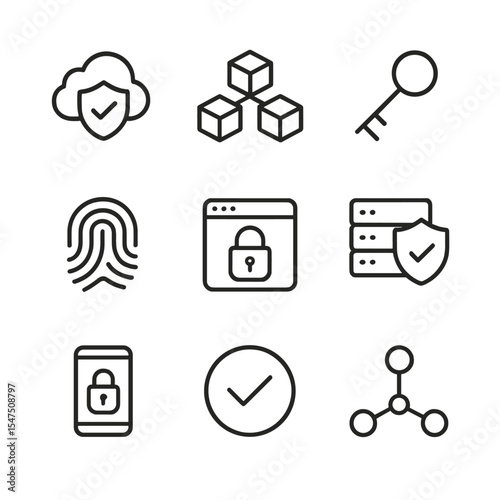Tech Security Icon Set. Outline icon set of technological trust solutions: cloud shield, blockchain block, encryption key,