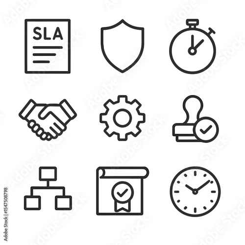 Service Icons Set. Outline icon set of service-level agreements: SLA document, shield emblem, stopwatch dial, handshake icon, gear