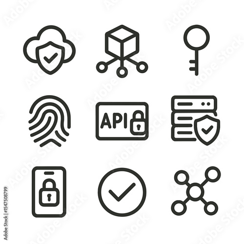 Tech Security Icon Set. Outline icon set of technological trust solutions: cloud shield, blockchain block, encryption key,