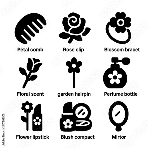 Floral Beauty Accessories Icons. Solid, filled icons set of floral beauty accessories: petal comb, rose clip,