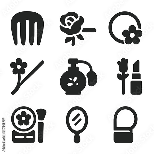 Floral Beauty Accessories Icons. Solid, filled icons set of floral beauty accessories: petal comb, rose clip,