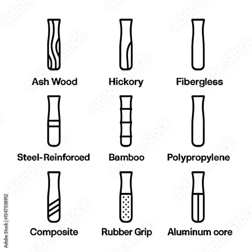 Tool Handle Icons. Outline icon set of tool handle materials: ash wood, hickory, fiberglass, steel-reinforced, bamboo,