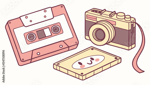 Cute Retro Vintage Cassette Tapes and Film Camera. Pastel Illustration of Old Music and Photography Objects.
