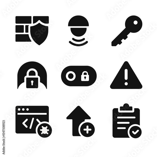 Cybersecurity Icons Grid. Solid, Filled icon set of grid cybersecurity: firewall shield, intrusion detection sensor, encryption