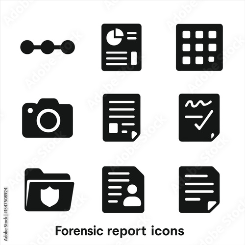 Forensic Report Icons. Solid, filled icons set of forensic report components: timeline icon, summary chart,