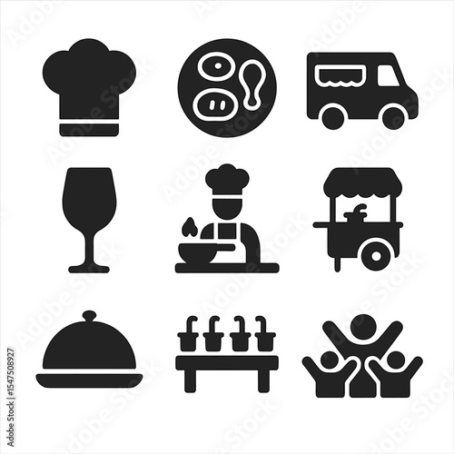 Food Festival Icons. Solid, filled icons set of food and drink festivals: chef hat, tasting plate, food truck,