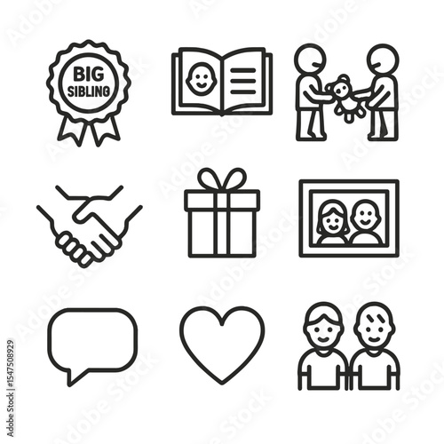 Sibling Preparation Icons. Outline icon set of sibling preparation: big sibling badge, storybook, toy sharing, handshake, gift for
