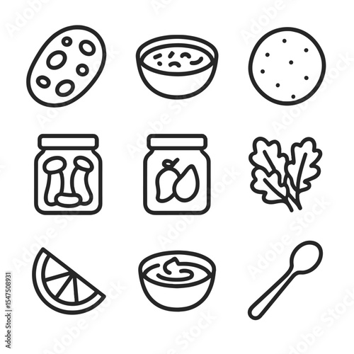 Side Dish Icon Set. Outline icon set of side dish accompaniments: naan bread, raita bowl, papadum crisp, pickled vegetables jar,