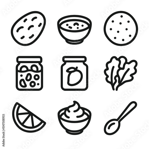 Side Dish Icon Set. Outline icon set of side dish accompaniments: naan bread, raita bowl, papadum crisp, pickled vegetables jar,