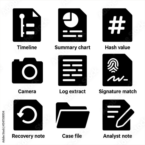 Forensic Report Icons. Solid, filled icons set of forensic report components: timeline icon, summary chart,