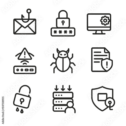 Cybersecurity Vulnerabilities Icons. Outline icon set of cybersecurity failure points: phishing email, weak password, outdated
