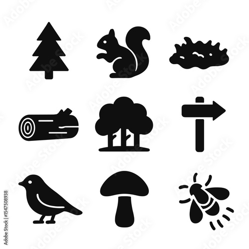 Forest Exploration Icons. Solid, filled icons set of forest exploration: pine tree, squirrel icon, moss patch,