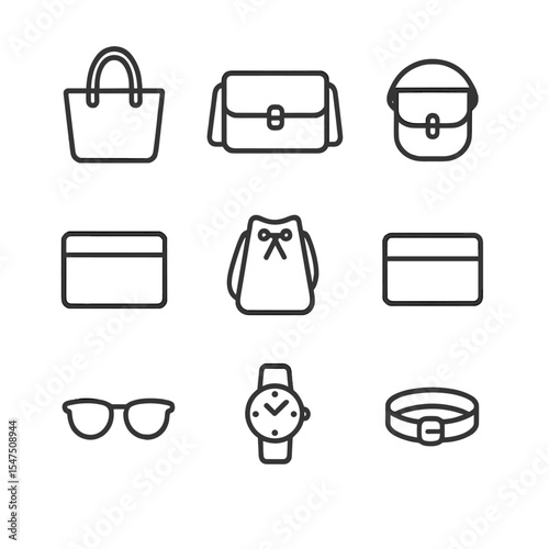 Smart Casual Icons. Outline icon set of smart casual bags and accessories: leather tote, messenger bag, crossbody bag, laptop