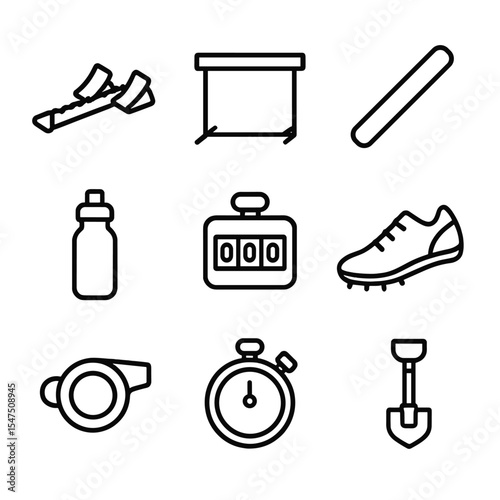 Track Equipment Icons. Outline icon set of running track equipment: starting blocks, hurdle, baton, lap counter, water bottle,