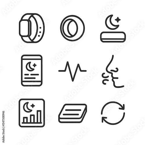 Sleep Tracking Gadgets Icons. Outline icon set of sleep tracking gadgets: wearable band, smart ring, bedside sensor, sleep app