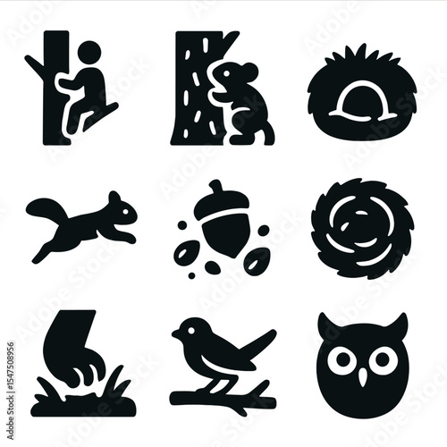 Forest Habitat Icons. Solid, filled icons set of forest habitat skills: tree climber, bark match, hidden den,