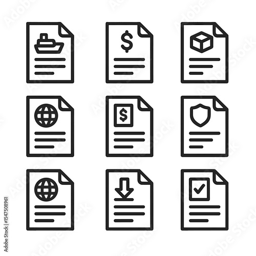 Trade Documents Icons. Outline icon set of international trade documents: bill of lading, commercial invoice, packing list,