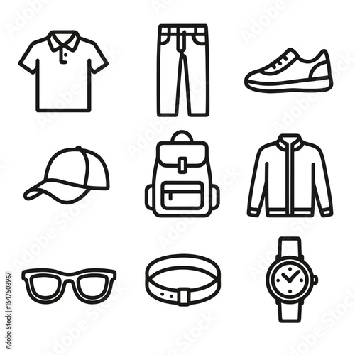 Smart Casual Icon Set. Outline icon set of smart casual weekend looks: polo shirt, denim jeans, sneakers, baseball cap, canvas