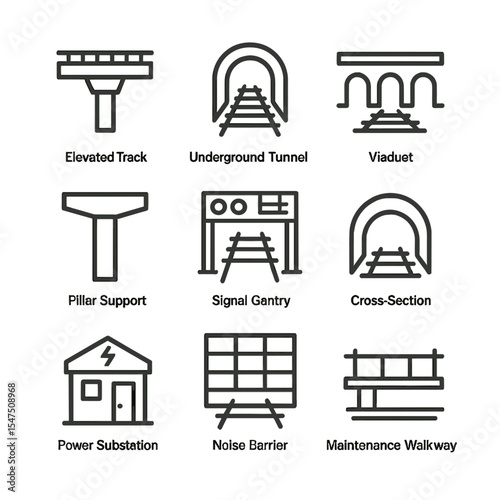 Transit Icon Set. Outline icon set of rapid transit infrastructure: elevated track, underground tunnel, viaduct, pillar support,