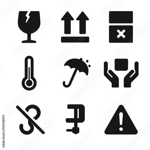 Fragile Icon Set. Solid, filled icons set of fragile and special care symbols: broken glass icon, this side up