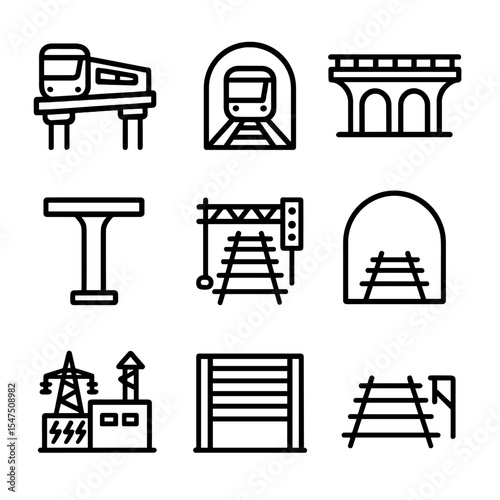 Transit Icon Set. Outline icon set of rapid transit infrastructure: elevated track, underground tunnel, viaduct, pillar support,