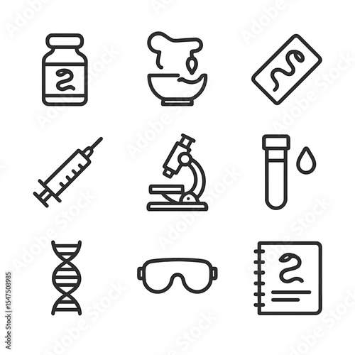 Snake Research Icons. Outline icon set of snake research equipment: antivenom vial, venom extraction tool, lab slide, microscope,