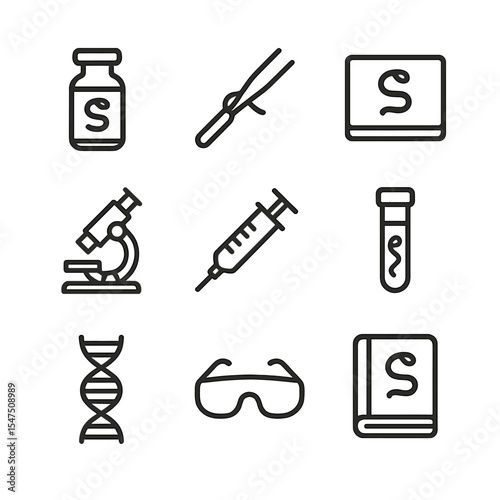 Snake Research Icons. Outline icon set of snake research equipment: antivenom vial, venom extraction tool, lab slide, microscope,