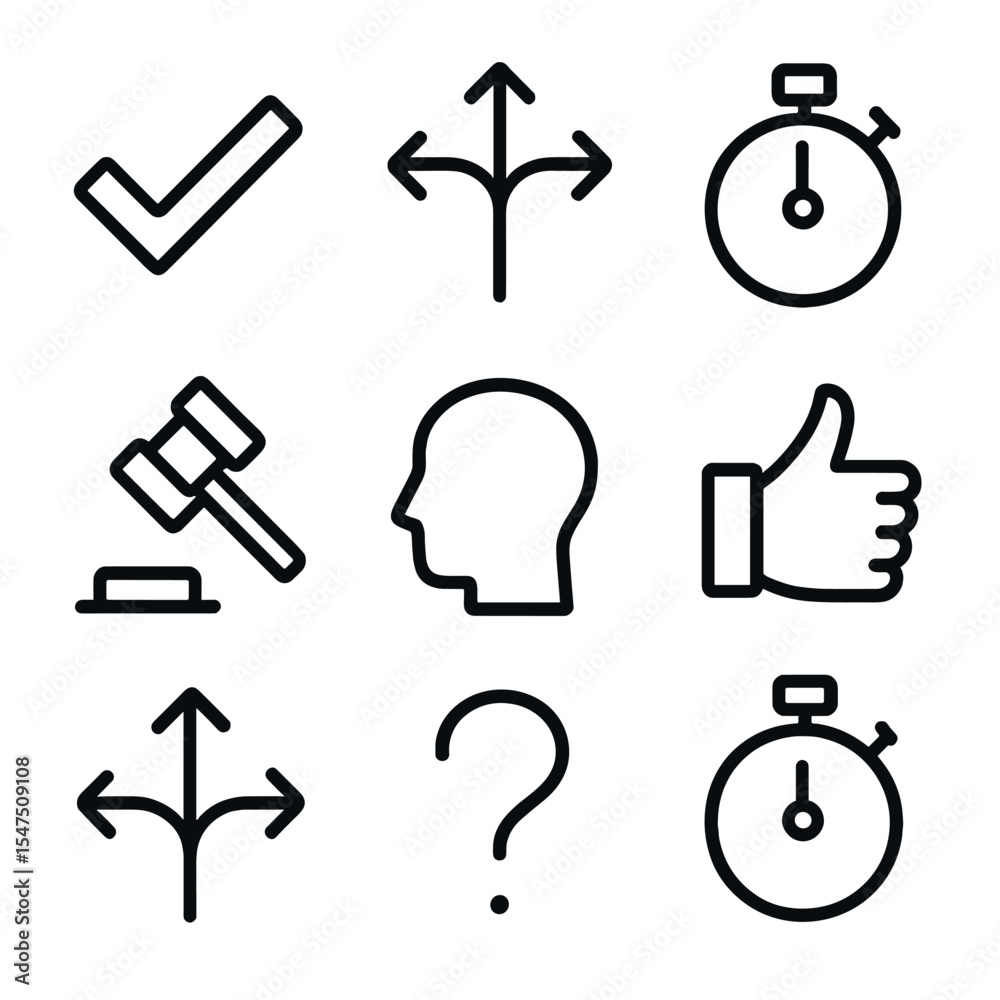 Fototapeta premium Decision Making Icons. Outline icon set of instant decision making: checkmark, crossroads, stopwatch, gavel, head silhouette,