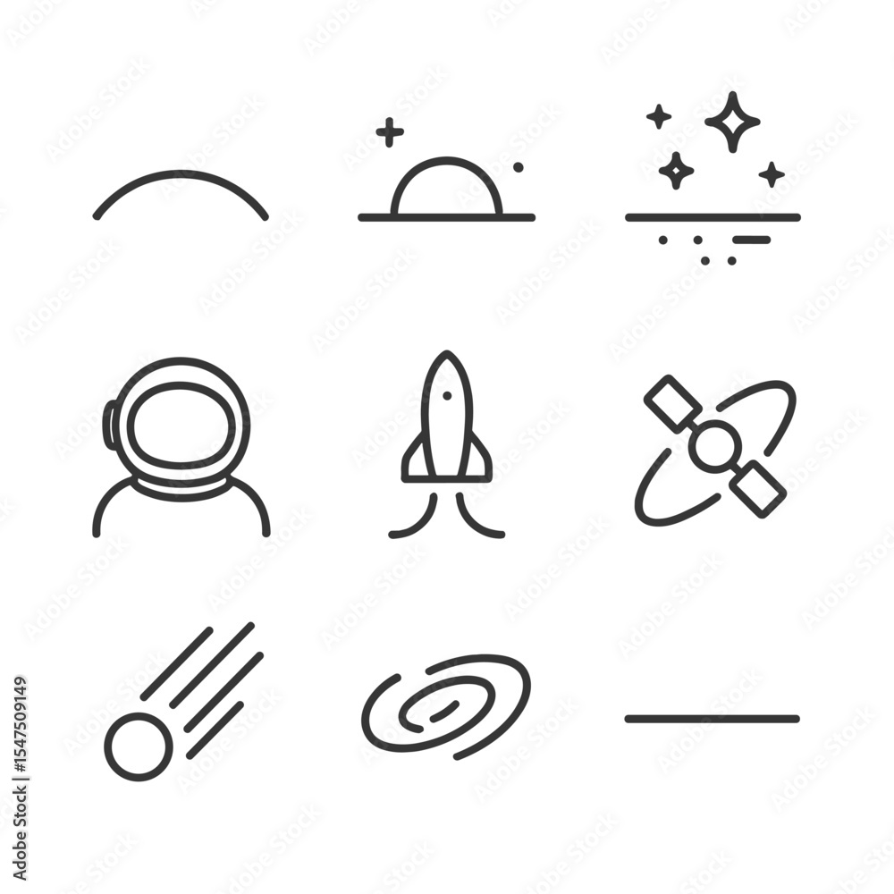 Fototapeta premium Space Outline Icons. Outline icon set of space and celestial horizons: planet curvature, moonrise arc, starfield gradient,