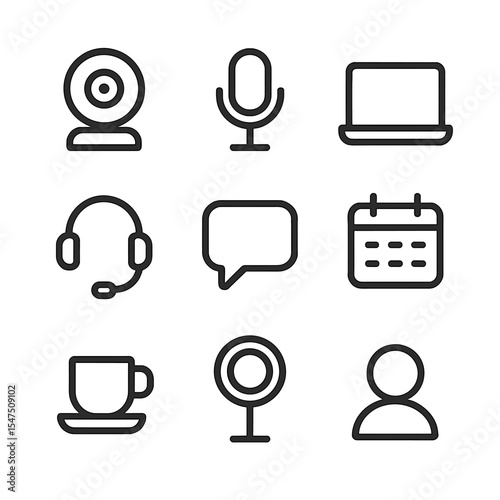 Video Conference Essentials. Outline icon set of video conference station: webcam, microphone, laptop, headset, chat bubble,
