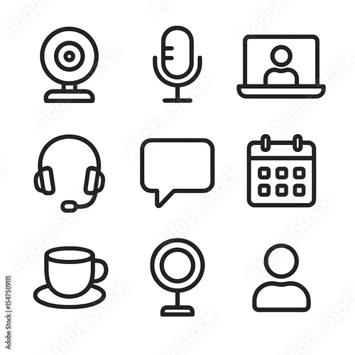 Video Conference Essentials. Outline icon set of video conference station: webcam, microphone, laptop, headset, chat bubble,