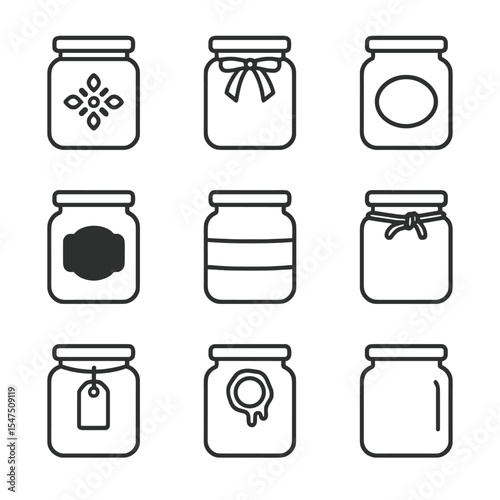 Decorative Jar Icon Set. Outline icon set of jar decorative accents: embossed design, ribbon tie, label sticker, chalkboard label,