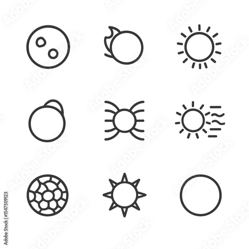 Solar Phenomena Icons. Outline icon set of solar phenomena: sunspot, solar flare, corona, prominence, magnetic field lines, solar