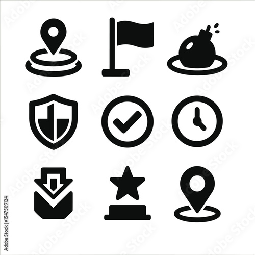 Game Objective Icons. Solid, filled icons set of in-game objectives: capture point, flag icon, bomb site,