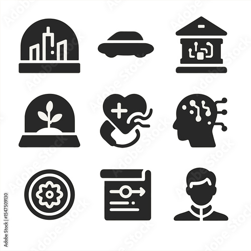 Futuristic Society Icons. Solid, filled icons set of speculative future societies: city dome, hover car, AI