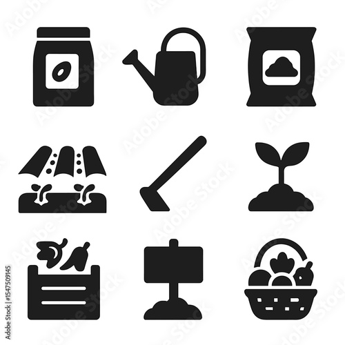 Gardening Icons Grid. Solid, filled icons set of gardening and farming lessons: seed packet, watering can,