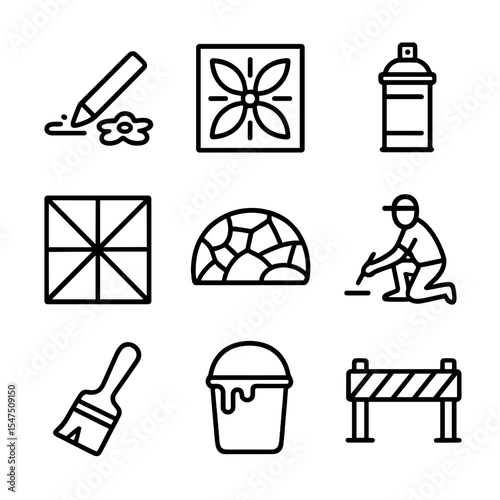 Decorative Sidewalk Art Icons. Outline icon set of decorative sidewalk art: chalk drawing, stencil pattern, spray paint can,