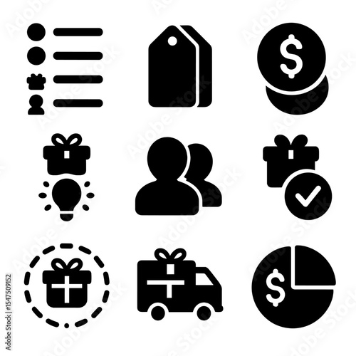 Gift Organization Icons. Solid, filled icons set of organizing gift expenses by recipient: name list, category