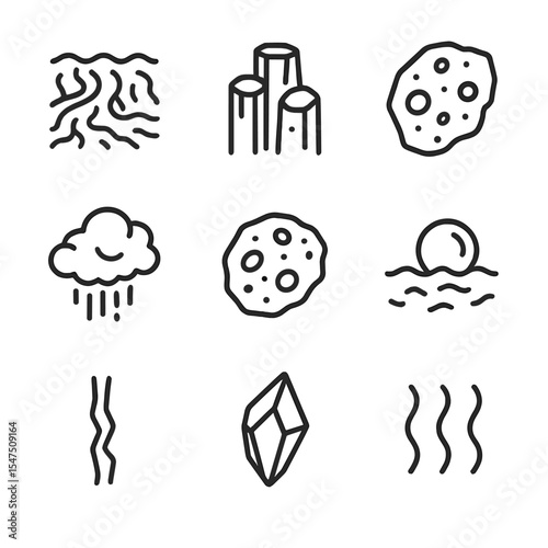 Volcanic Rock Icon Set. Outline icon set of volcanic rock surfaces: lava flow, basalt column, pumice fragment, ash cloud, scoria