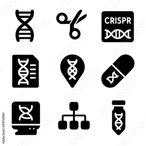 Genetic Testing Icons. Solid, filled icons set of genetic testing and therapy: DNA strand, gene editing