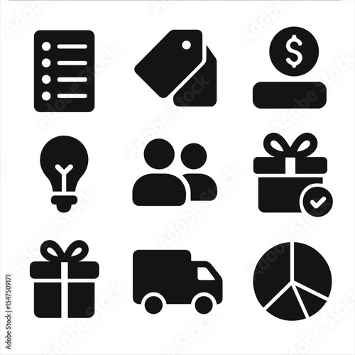 Gift Organization Icons. Solid, filled icons set of organizing gift expenses by recipient: name list, category