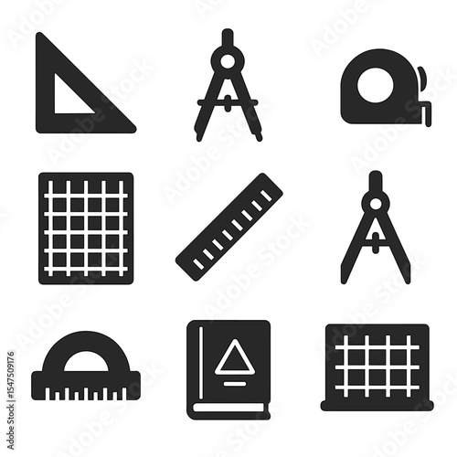Geometry Tools Icon Set. Solid, filled icons set of classroom geometry tools: triangle ruler, compass, tape