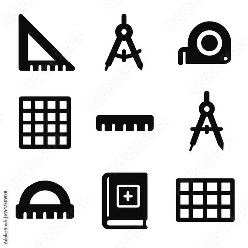Geometry Tools Icon Set. Solid, filled icons set of classroom geometry tools: triangle ruler, compass, tape