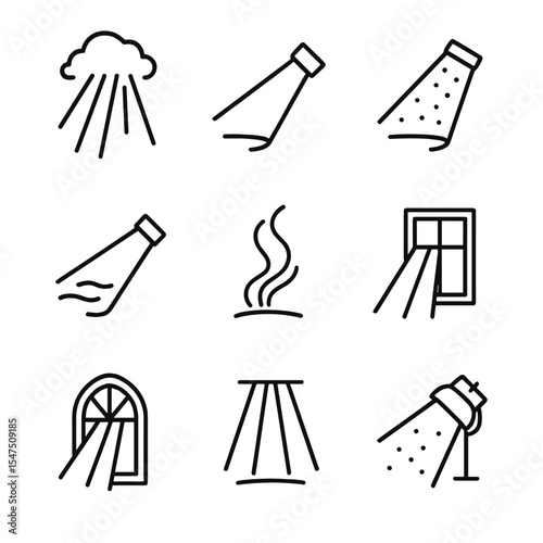Volumetric Light Icon Set. Outline icon set of volumetric light beams: god rays, light shaft, dust particles, fog beam, smoke glow