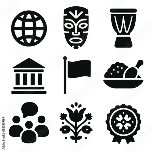 Global Heritage Icons. Solid, filled icons set of global heritage events: globe icon, cultural mask,
