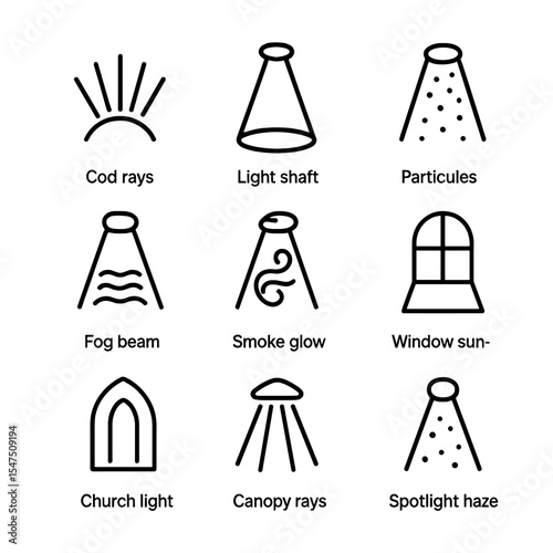 Volumetric Light Icon Set. Outline icon set of volumetric light beams: god rays, light shaft, dust particles, fog beam, smoke glow