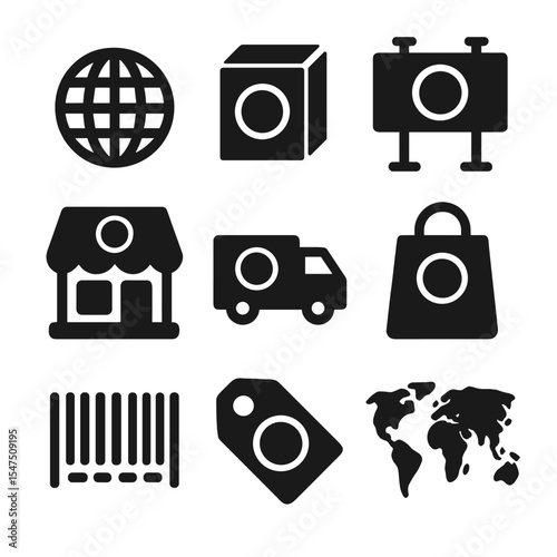 Global Brand Icons. Solid, filled icons set of global brands: brand logo, product box, billboard, storefront,