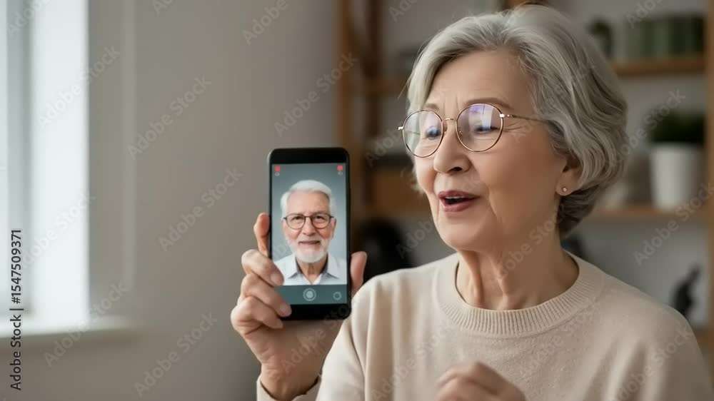 Elderly woman video calling on smartphone, smiling and engaging with family in cozy living room Elderly woman video calling on smartphone, smiling and engaging with family in cozy living room