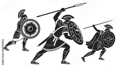 Ancient Greek warriors fighting silhouette illustration. Historical soldiers with shields and spears in battle concept. History.