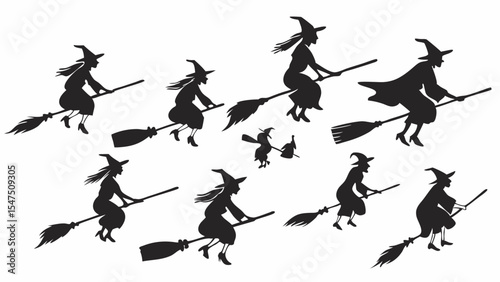 Halloween witches flying on broomsticks silhouette spooky group fantasy magical background